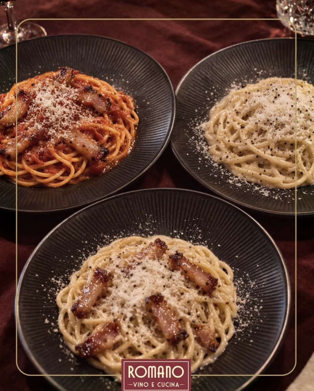 Tre primi romani serviti da Romano Vino e Cucina: amatriciana, cacio e pepe e spaghetti al guanciale
